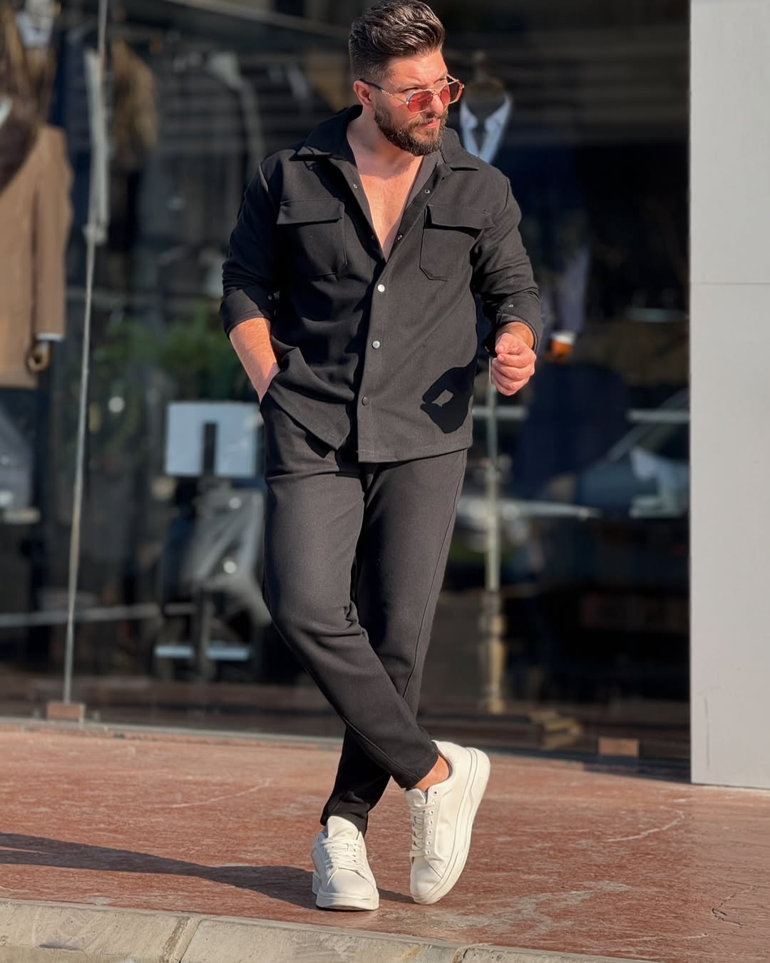 Men's Textured Button Down Tracksuit Set