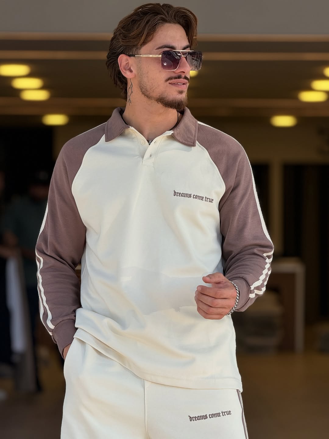 Premium Fleece Two Tone Polo Tracksuit Cream & Mocha